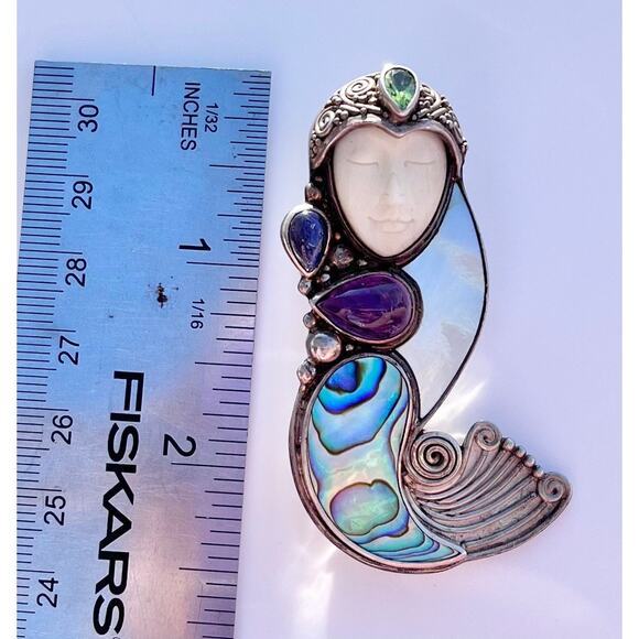 925 Silver Sajen Mermaid PIN PENDANT Abalone Shell Multi Gemstone Bali Goddess - Picture 3 of 10